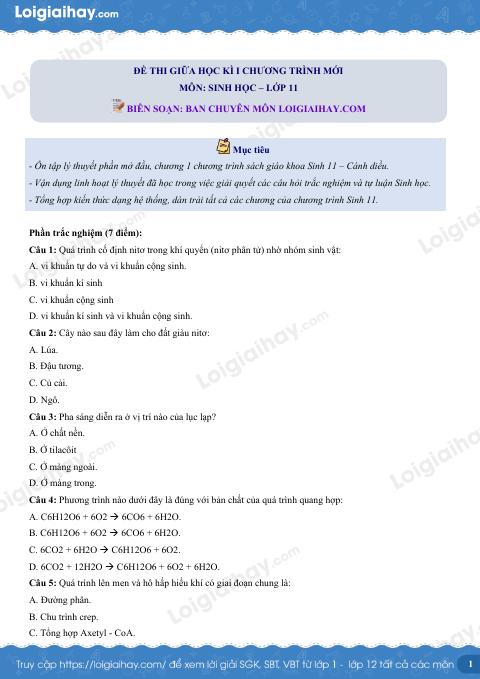 Đề thi giữa kì 1 Sinh 11 Cánh diều - Đề số 5